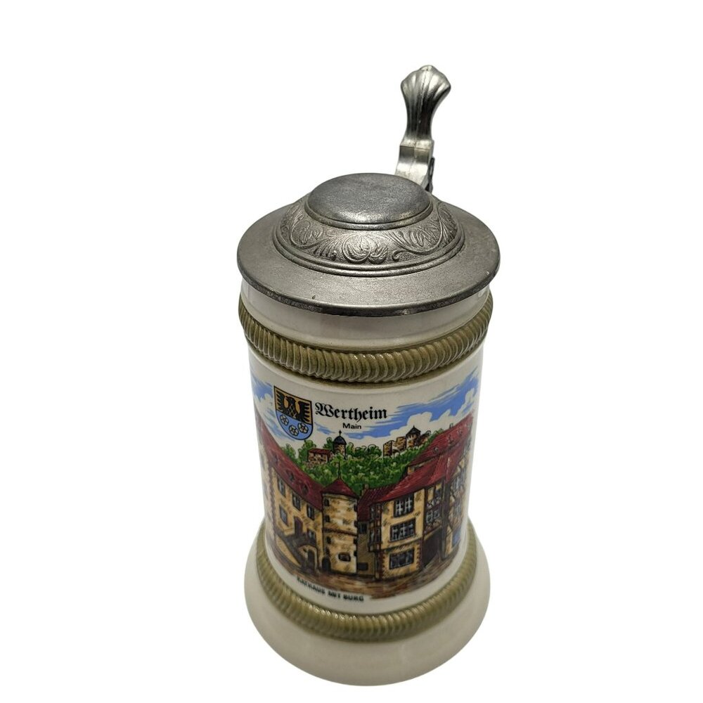 Vintage Wertheim Main Rathaus Mit Burg German Beer Stein Pewter Flip Up Lid